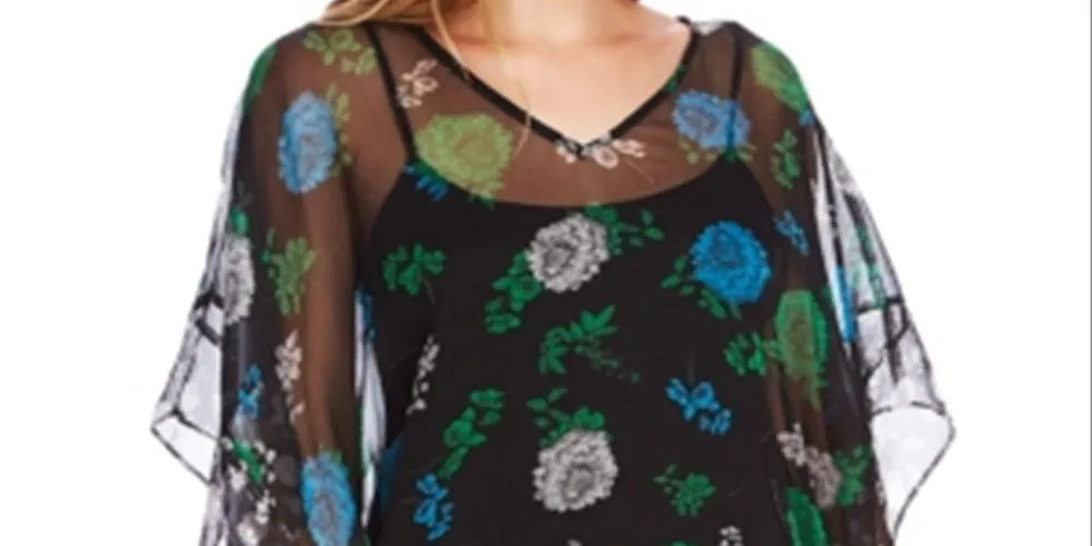 Vince Camuto Women's Floral Lagoon Poncho Top Black Size X-Large