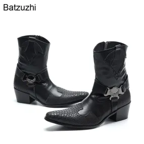 Western Cowboy Handmade Black Leather Boots Men Mid-calf Zip Leather Men's Boots 6.5cm Heels Pointed Toe