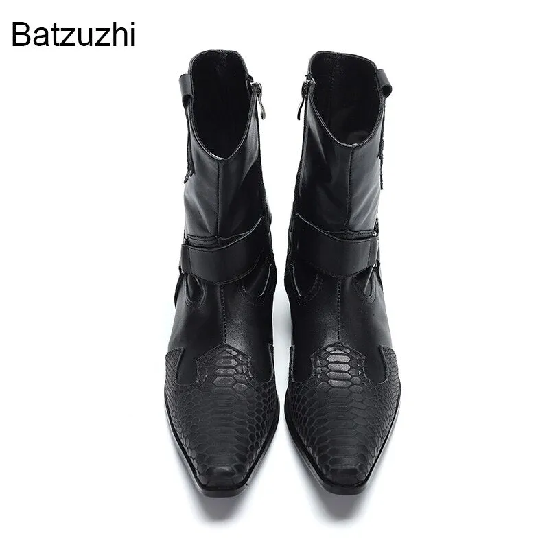 Western Cowboy Handmade Black Leather Boots Men Mid-calf Zip Leather Men's Boots 6.5cm Heels Pointed Toe