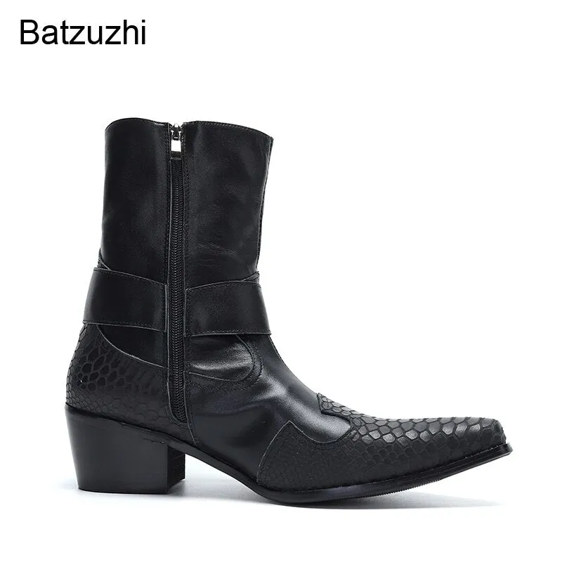 Western Cowboy Handmade Black Leather Boots Men Mid-calf Zip Leather Men's Boots 6.5cm Heels Pointed Toe