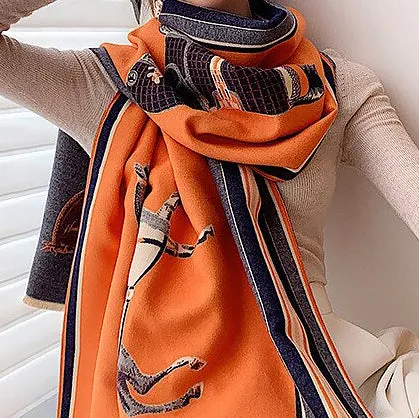 Women Cashmere Warm Pashmina Orange Horse Scarves Luxury Brand Look Winter Scarf Shawls Wrap