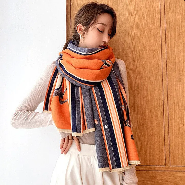 Women Cashmere Warm Pashmina Orange Horse Scarves Luxury Brand Look Winter Scarf Shawls Wrap