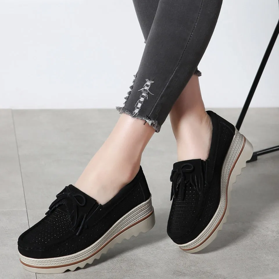 Women's Autumn Black Hollow Genuine Leather Slip-on Platform Moccasins