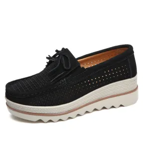 Women's Autumn Black Hollow Genuine Leather Slip-on Platform Moccasins