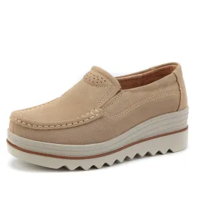 Women's Beige Genuine Leather Round Toe Slip-on Platform Moccasins