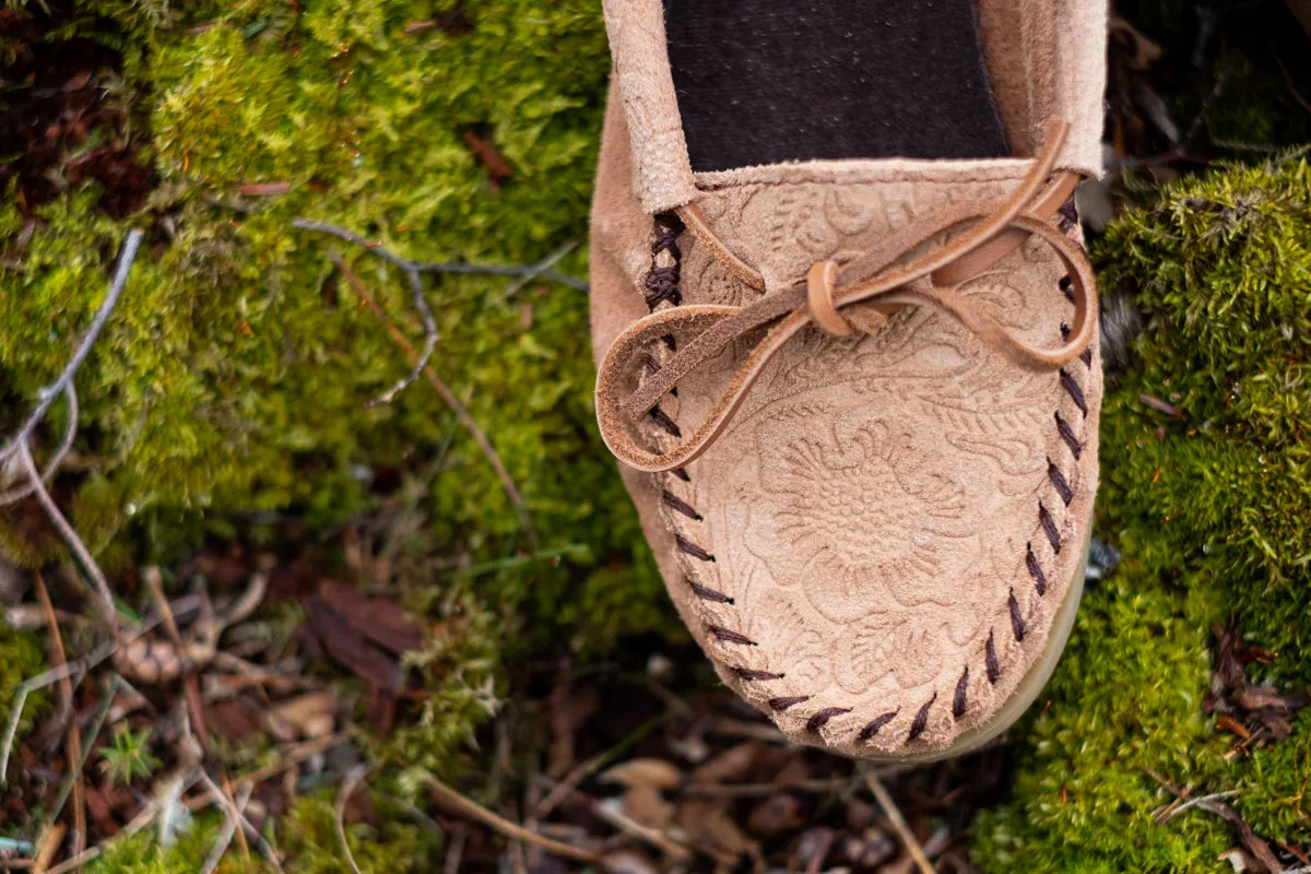 Women's Crepe Sole Floral Embossed Suede Moccasins