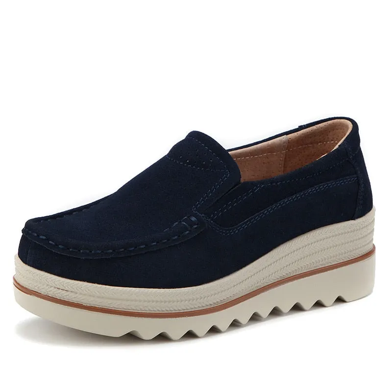 Women's Dark Blue Genuine Leather Round Toe Slip-on Platform Moccasins