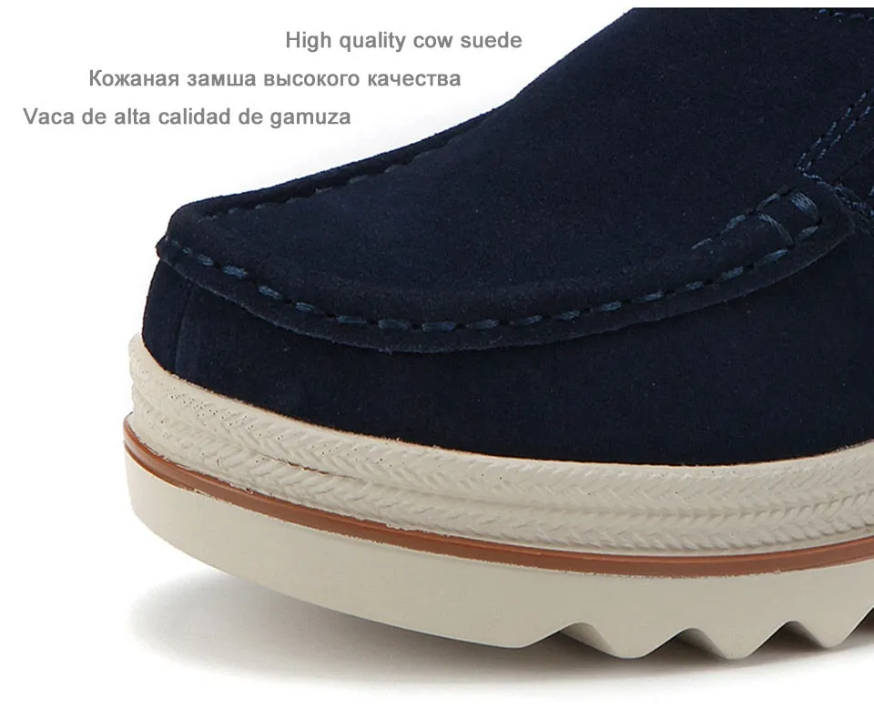 Women's Dark Blue Genuine Leather Round Toe Slip-on Platform Moccasins