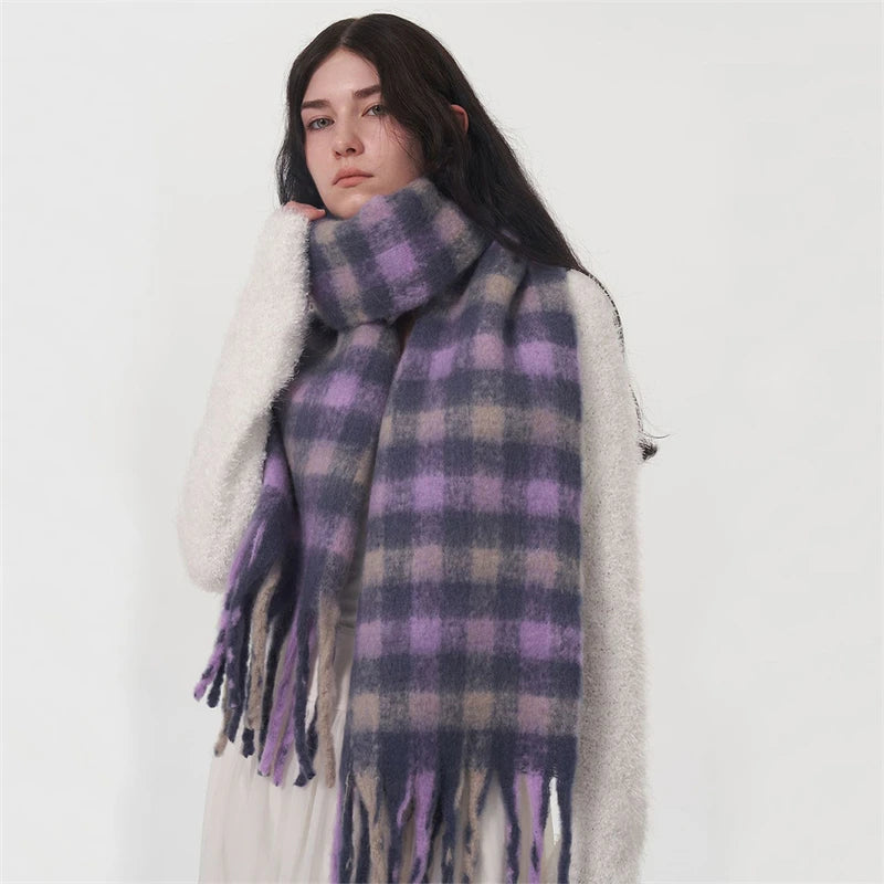 Women's Fashion Winter Warm Cashmere Plaid Tassel Wrap Shawl