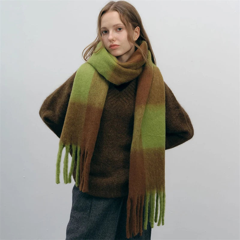 Women's Fashion Winter Warm Cashmere Plaid Tassel Wrap Shawl