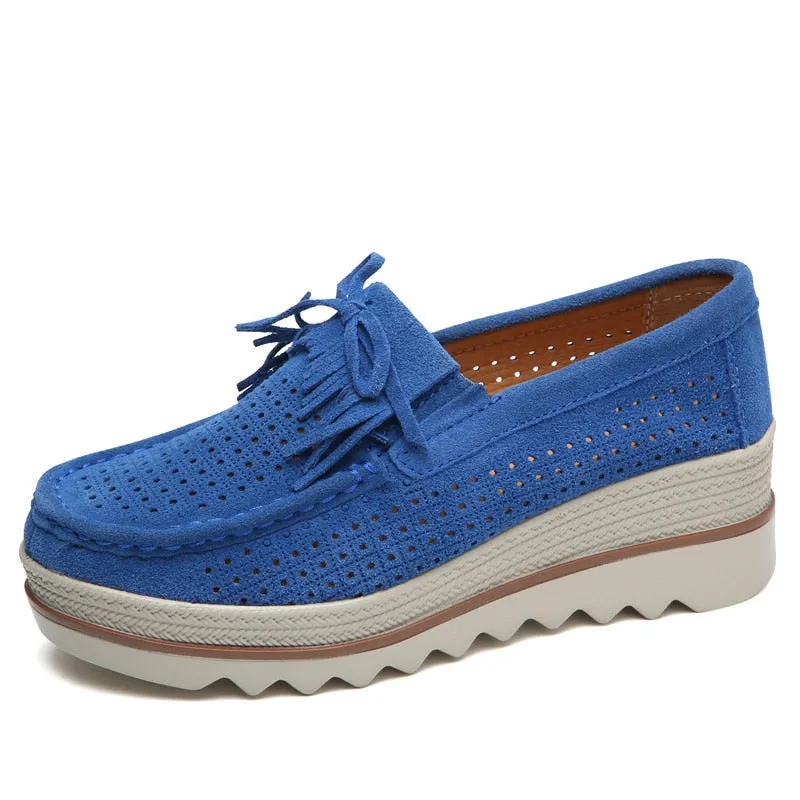 Women's Hollow Blue Genuine Leather Round Toe Platform Moccasins