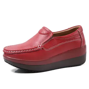 Women's Red Genuine Leather Slip-on Round Toe Sewing Casual Shoes