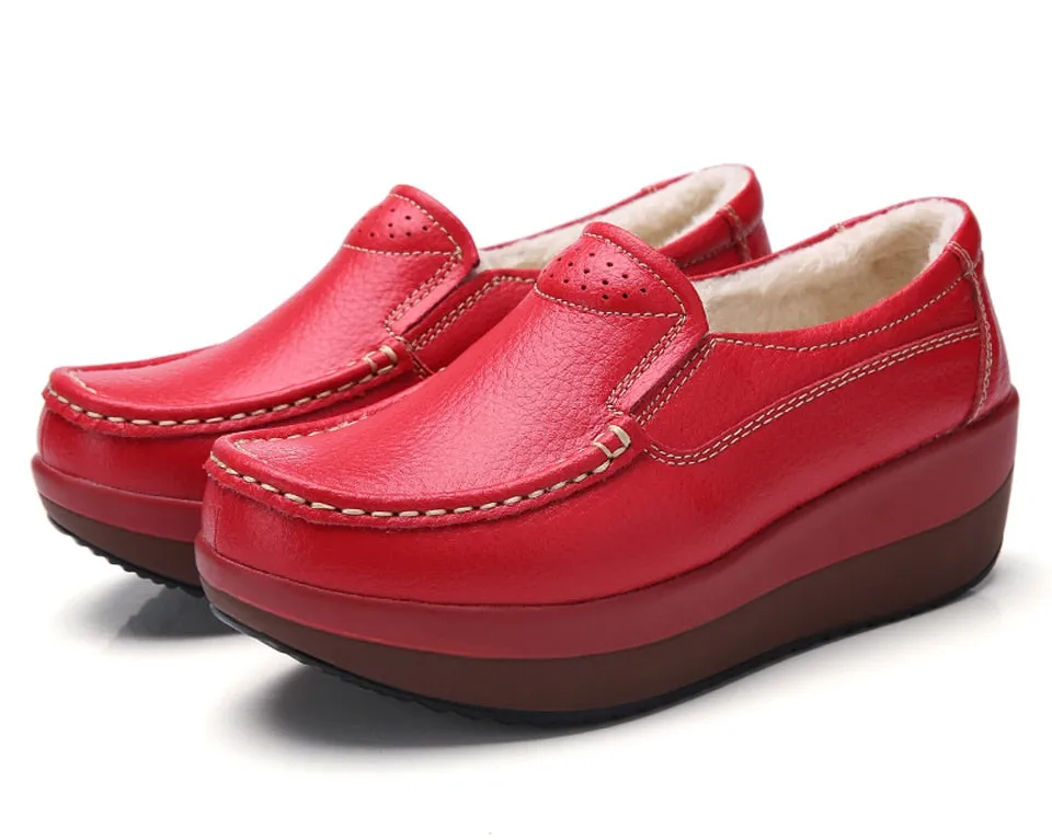 Women's Red Genuine Leather Slip-on Round Toe Sewing Casual Shoes