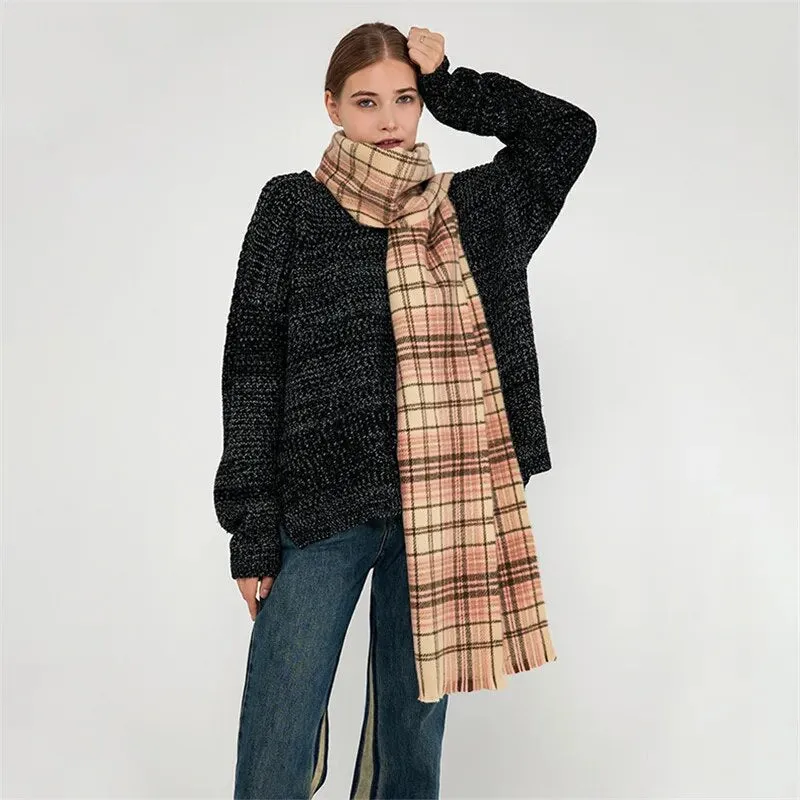 Women's Winter Cashmere Plaid Pattern Neck Wrap Big Tassel Shawl