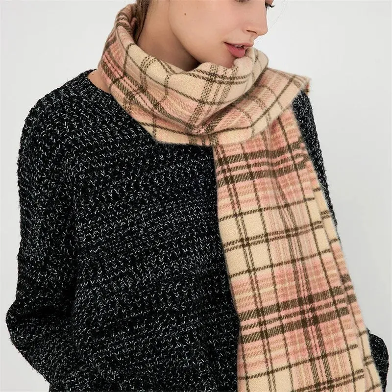 Women's Winter Cashmere Plaid Pattern Neck Wrap Big Tassel Shawl