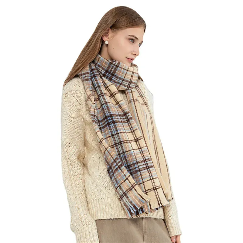 Women's Winter Cashmere Plaid Pattern Neck Wrap Big Tassel Shawl