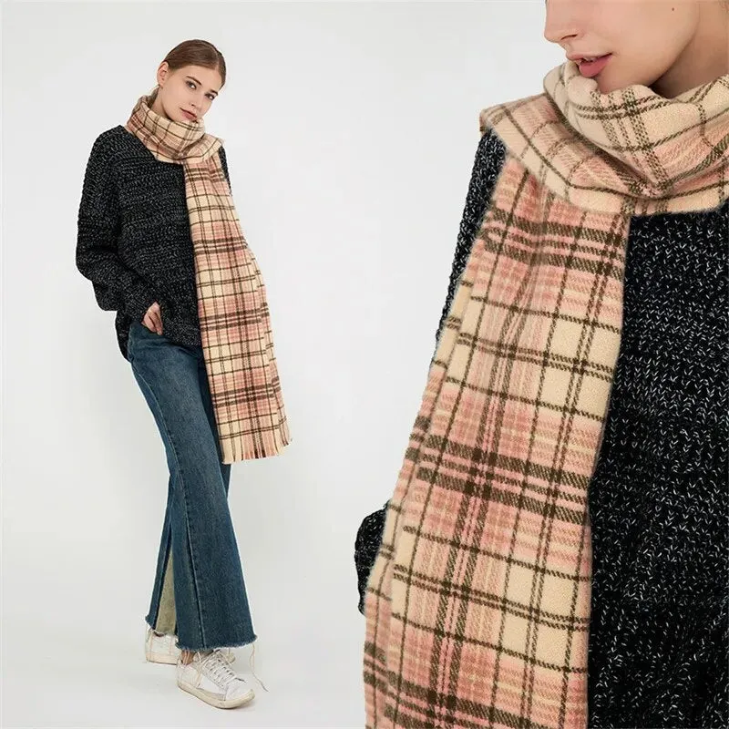 Women's Winter Cashmere Plaid Pattern Neck Wrap Big Tassel Shawl