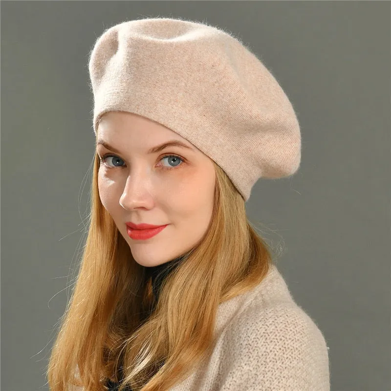 Women's Winter Cotton Wool Cashmere Blend Solid Knitted Beret Hat