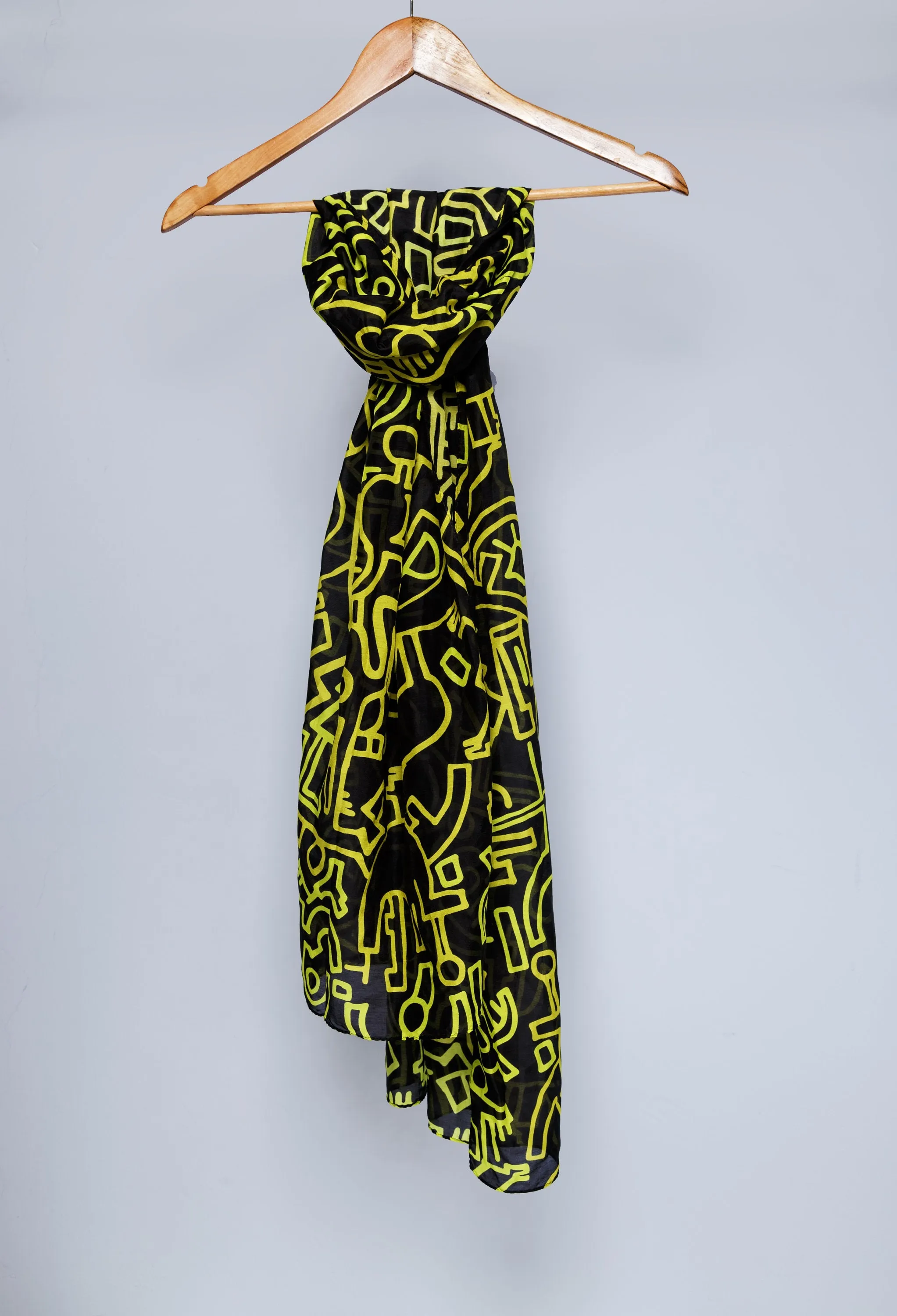 Yellow tribal scribble print cotton silk blend scarf