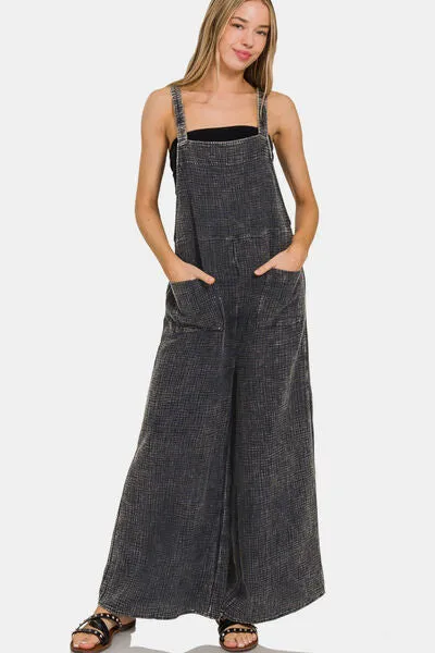 Zenana Washed Double Gauze Elastic Waist Wide Leg Overalls